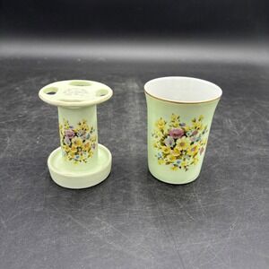 Vintage Lefton China Floral Toothbrush Holder & Tumbler Set Green Porcelain 7685